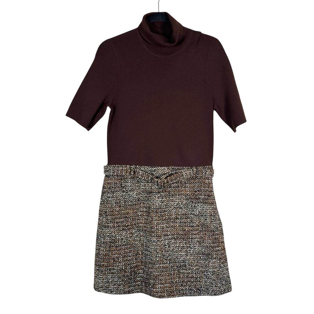 Theory Brown Tweed Sweater Dress Womens L Dark Academia Preppy Mini Short Sleeve